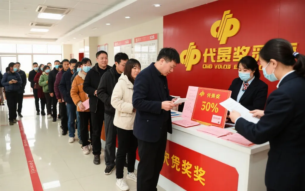 兑奖大厅内，中奖者有序排队，工作人员核查兑奖材料